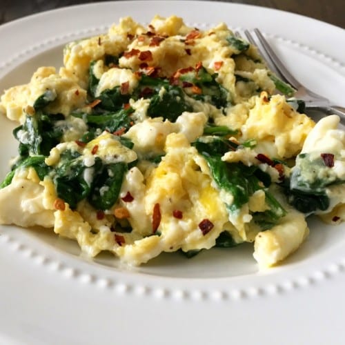 Spinach and fetta scrambled eggs.