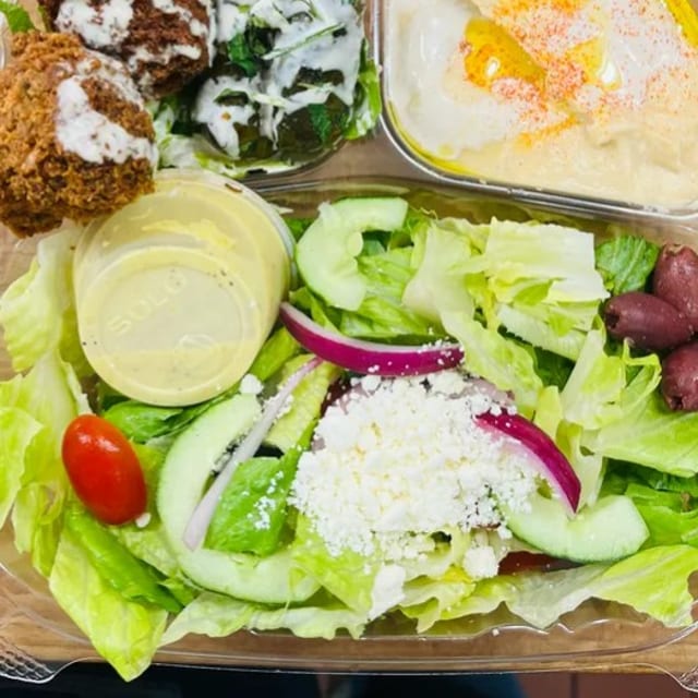 Hummus, Falafel, Grape Leaves, Salad Bowl.