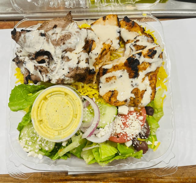 Lamb and Chicken Kabob Plate.